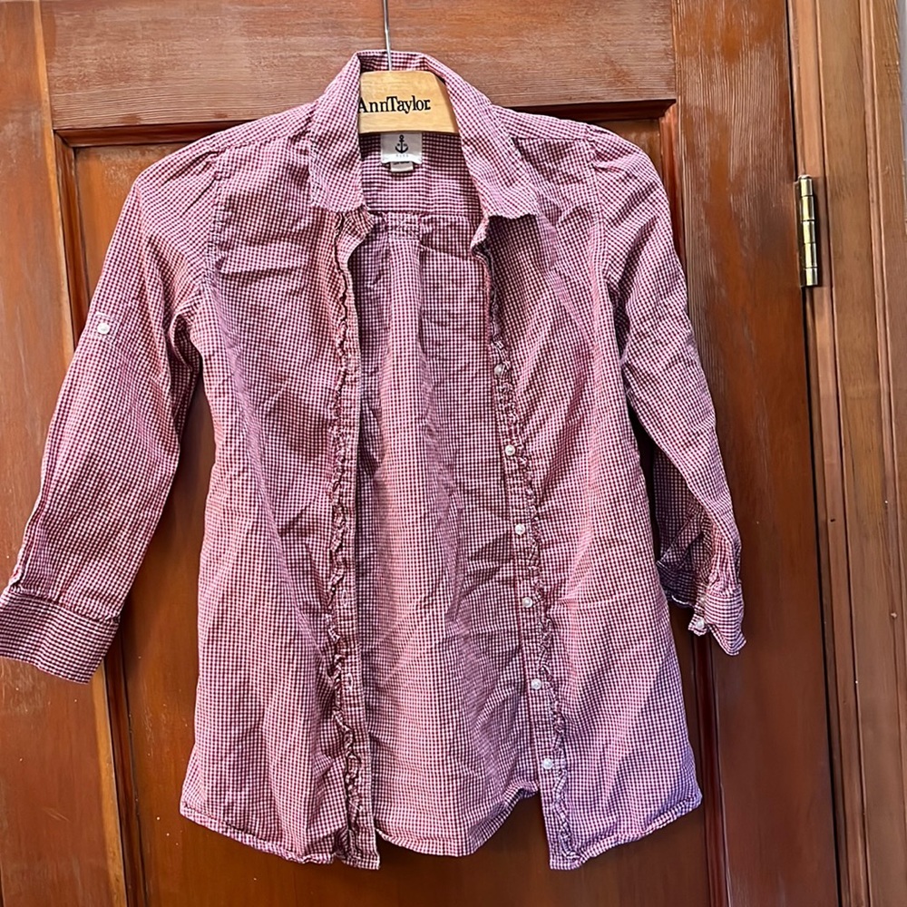 Red gingham check Land’s End Kids size 10 convertible sleeve button down shirt